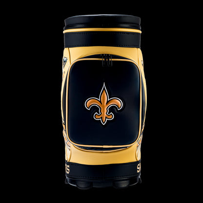 Rear view of the SWAG Golf New Orleans Saints Den Caddy Cooler with black and gold color blocking.