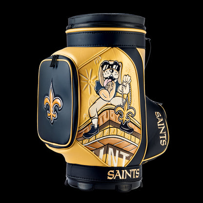SWAG Golf New Orleans Saints Den Caddy Cooler featuring vintage Saints fan artwork, black and gold graphics, and an embroidered logo on pocket.