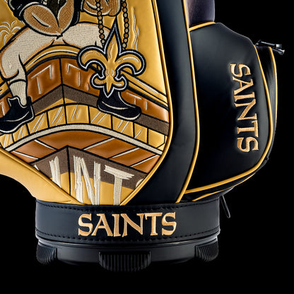 Close-up of the embroidered Saints typography on the front pocket with the vintage Saints fan artwork in the background.
