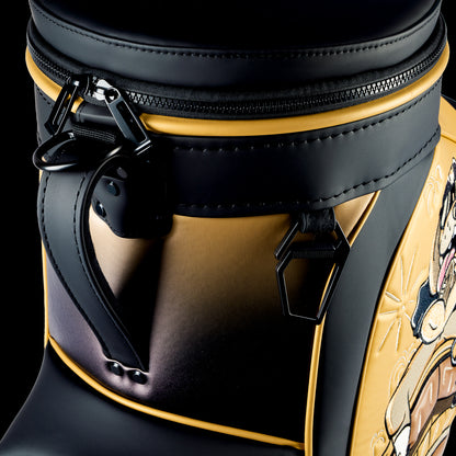 Close-up of the New Orleans Saints Den Caddy Cooler zipper, handle, and black and gold panels.