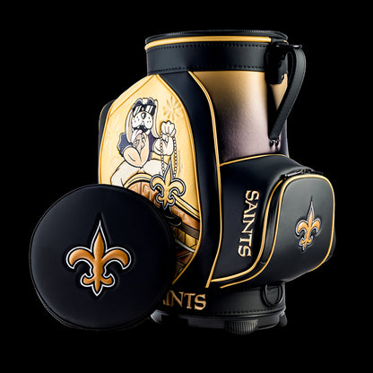 New Orleans Saints Den Caddy Cooler displayed with the removable embroidered lid beside the cooler.