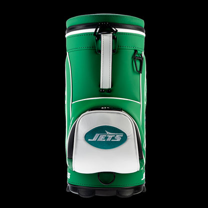 Rear view of the SWAG Golf New York Jets Den Caddy Cooler with green and white color blocking.