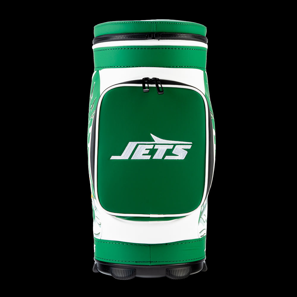 Front view of the SWAG Golf New York Jets Den Caddy Cooler with an embroidered Jets logo on the front pocket.