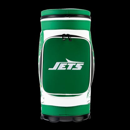 Front view of the SWAG Golf New York Jets Den Caddy Cooler with an embroidered Jets logo on the front pocket.