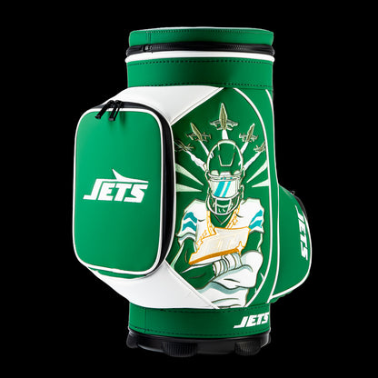 SWAG Golf New York Jets Den Caddy Cooler featuring football artwork, green and white graphics, and an embroidered Jets logo pocket.