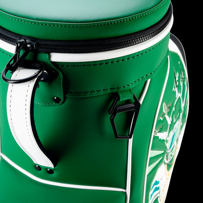 Close-up of the New York Jets Den Caddy Cooler zipper, handle, and green and white panels.