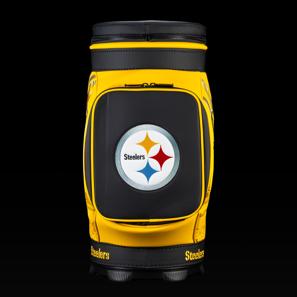 Rear view of the SWAG Golf Pittsburgh Steelers Den Caddy Cooler with black and gold color blocking.