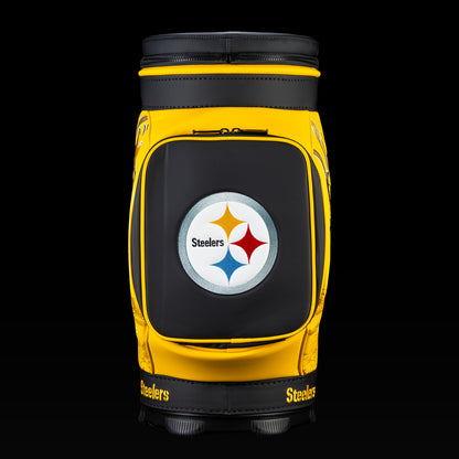 Rear view of the SWAG Golf Pittsburgh Steelers Den Caddy Cooler with black and gold color blocking.