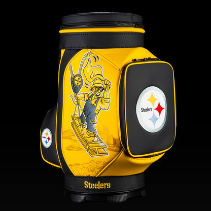 SWAG Golf Pittsburgh Steelers Den Caddy Cooler featuring construction worker artwork, black and gold graphics, and an embroidered Steelers logo pocket.