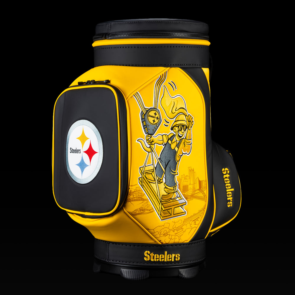 Angled view of the SWAG Golf Pittsburgh Steelers Den Caddy Cooler showcasing the construction worker artwork and embroidered Steelers logo pocket.