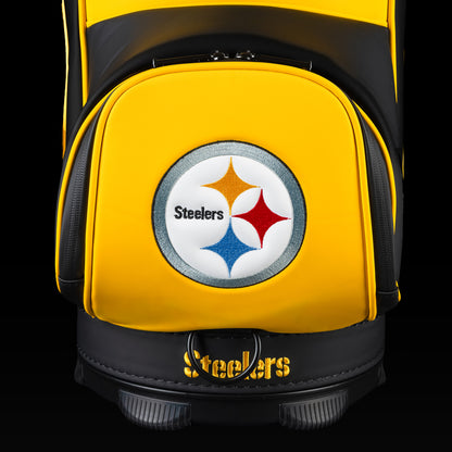 Close-up of the embroidered Steelers logo on the front pocket.
