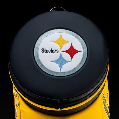 Top view of the removable Pittsburgh Steelers lid with an embroidered Steelers logo.
