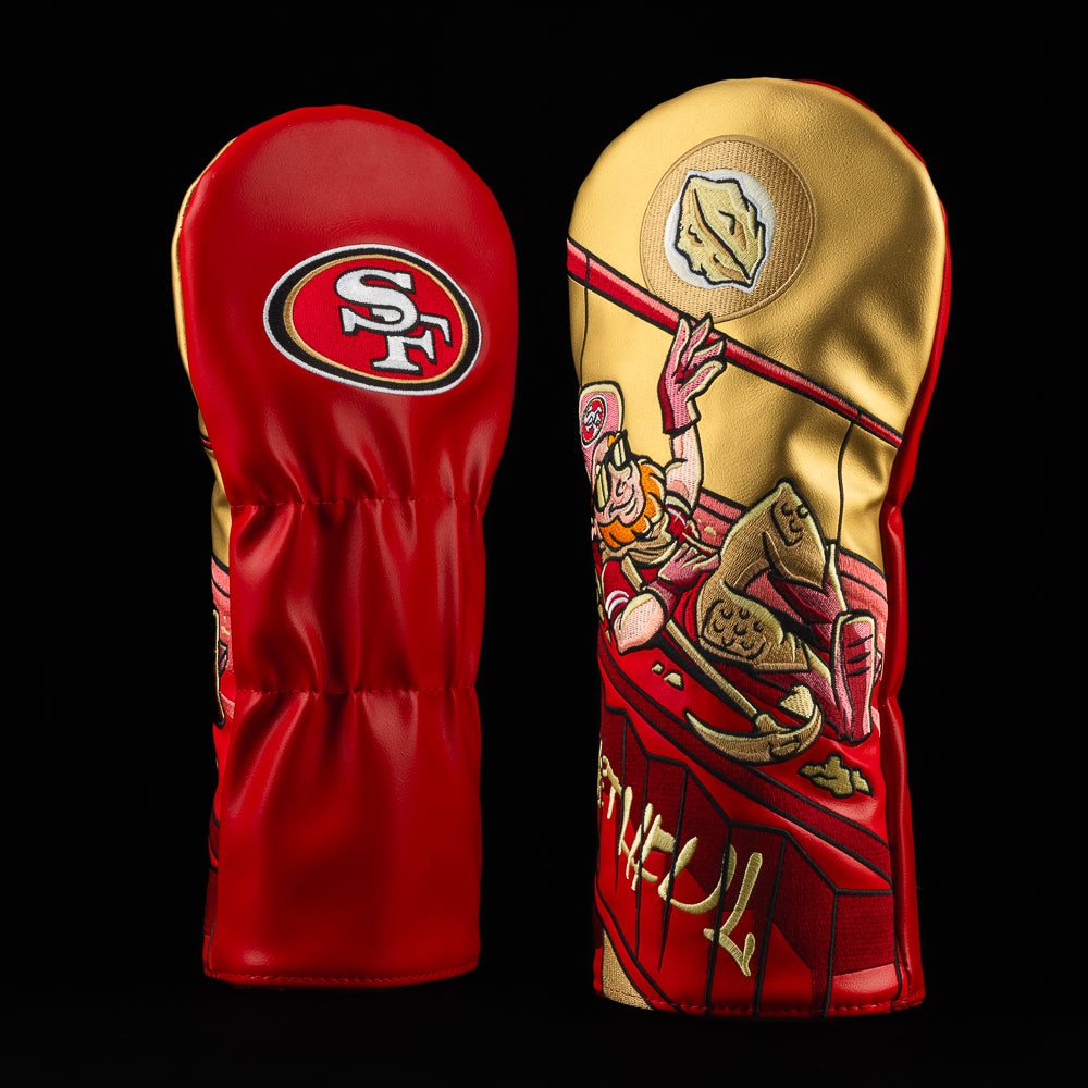 49ers driver cover with a football-playing miner in shades tossing gold with a pickaxe over “Faithful” in bold SWAG style
