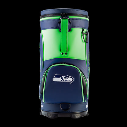 Rear view of the SWAG Golf Seattle Seahawks Den Caddy Cooler with navy, action green, and gray color blocking.