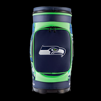 Front view of the SWAG Golf Seattle Seahawks Den Caddy Cooler with an embroidered Seahawks logo on the front pocket.