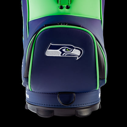 Close-up of the SWAG Golf Seattle Seahawks Den Caddy Cooler with an embroidered Seahawks logo on the front pocket.