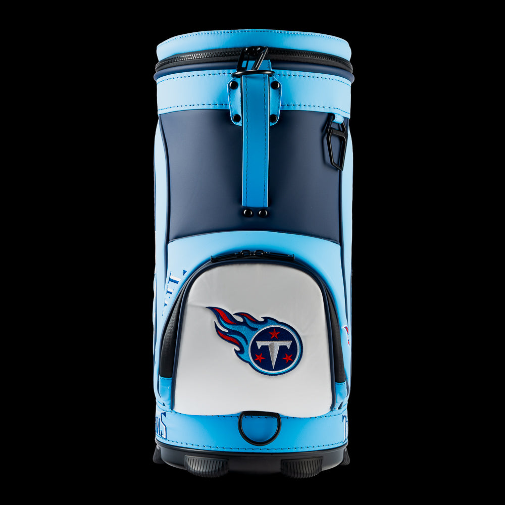 Front view of the SWAG Golf Tennessee Titans Den Caddy Cooler with an embroidered Titans logo on the front pocket.