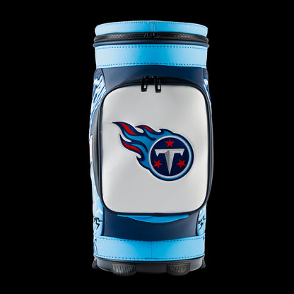 Rear view of the SWAG Golf Tennessee Titans Den Caddy Cooler with navy and Titans blue color blocking.
