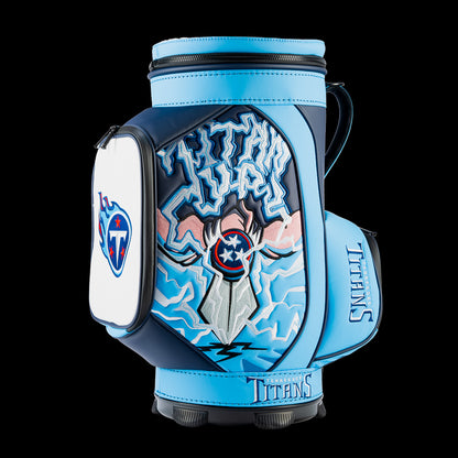 Angled view of the SWAG Golf Tennessee Titans Den Caddy Cooler showcasing the sword and lightning artwork and embroidered Titans logo pocket.