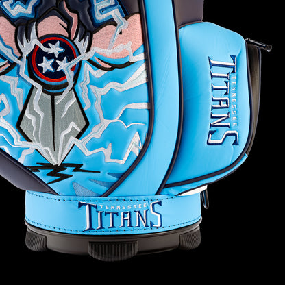 Close-up of the embroidered Titans logo on the front pocket with the sword and lightning artwork in the background.