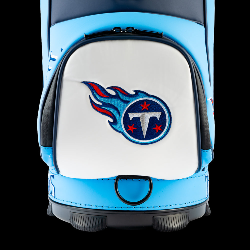 Close-up view of the SWAG Golf Tennessee Titans Den Caddy Cooler with an embroidered Titans logo on the front pocket.