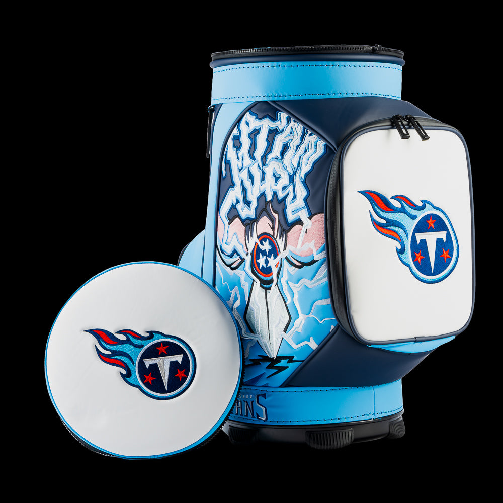 Tennessee Titans Den Caddy Cooler displayed with the removable embroidered lid beside the cooler.