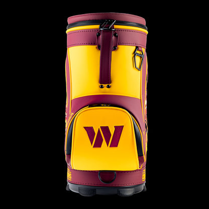 Rear view of the SWAG Golf Washington Commanders Den Caddy Cooler with burgundy and gold color blocking.