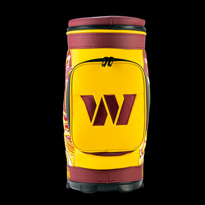 Front view of the SWAG Golf Washington Commanders Den Caddy Cooler with an embroidered Commanders logo on the front pocket.