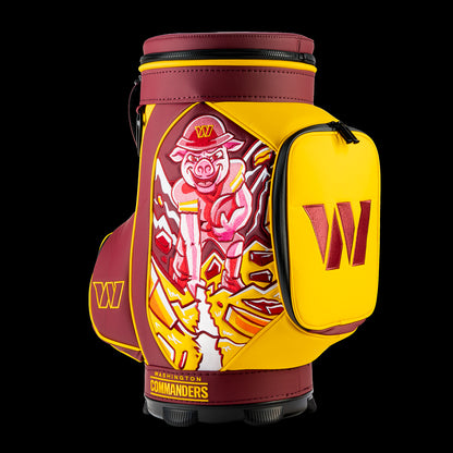SWAG Golf Washington Commanders Den Caddy Cooler featuring Commander mascot artwork, burgundy and gold graphics, and an embroidered Commanders logo pocket.