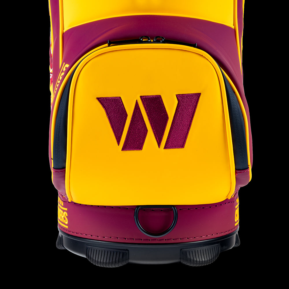 Close-up view of the SWAG Golf Washington Commanders Den Caddy Cooler with an embroidered Commanders logo on the front pocket.