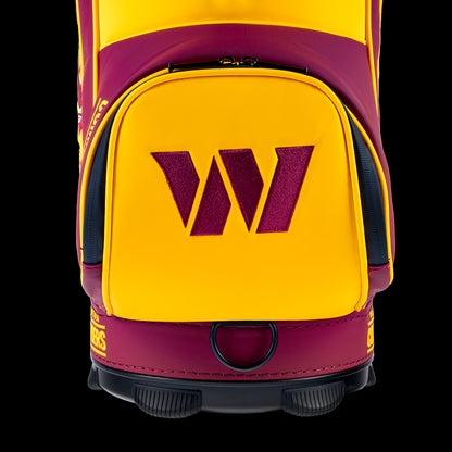 Close-up view of the SWAG Golf Washington Commanders Den Caddy Cooler with an embroidered Commanders logo on the front pocket.