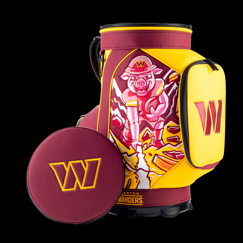 Washington Commanders Den Caddy Cooler displayed with the removable embroidered lid beside the cooler.