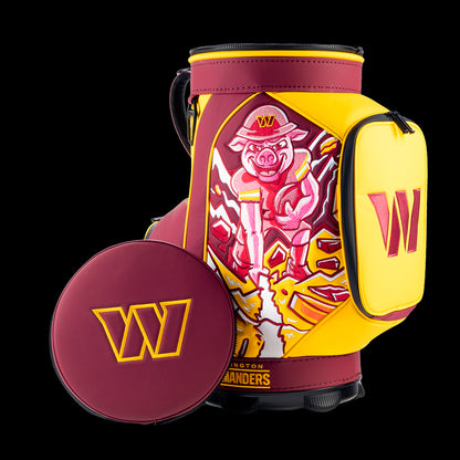 Washington Commanders Den Caddy Cooler displayed with the removable embroidered lid beside the cooler.