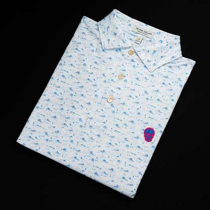 Swag x Peter Millar men's performance golf short sleeve polo shirt with a blue and neon pink skull on the left chest.