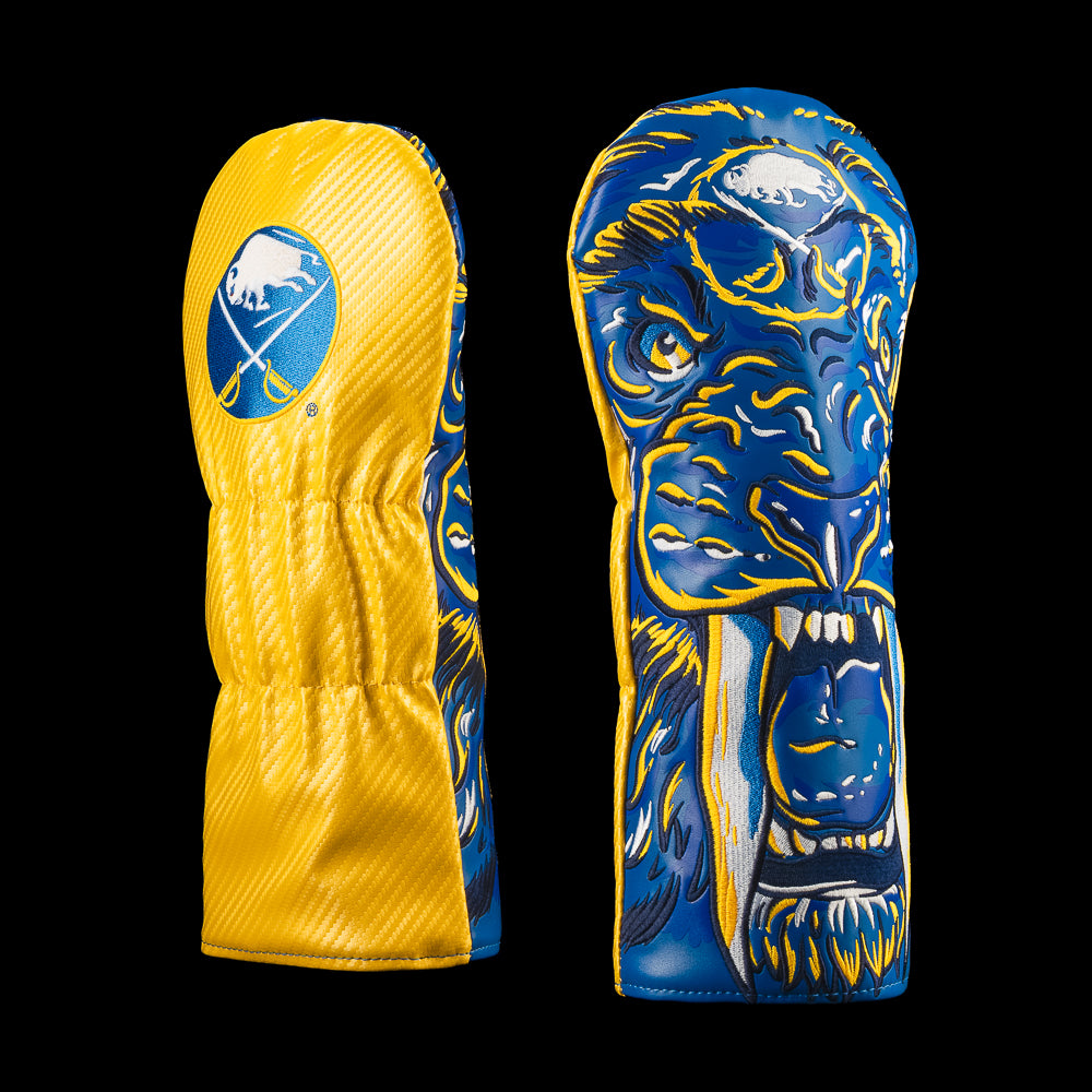 Yellow and blue Buffalo Sabres driver cover featuring the Buffalo Sabres logo and roaring blue buffalo artwork with white fangs.