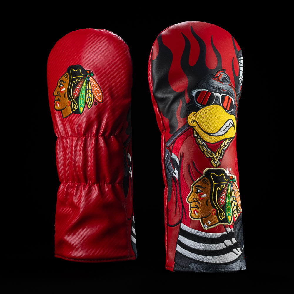 Red Chicago Blackhawks driver cover featuring the Chicago Blackhawks logo and sunglasses-wearing bird with flames and a gold chain.