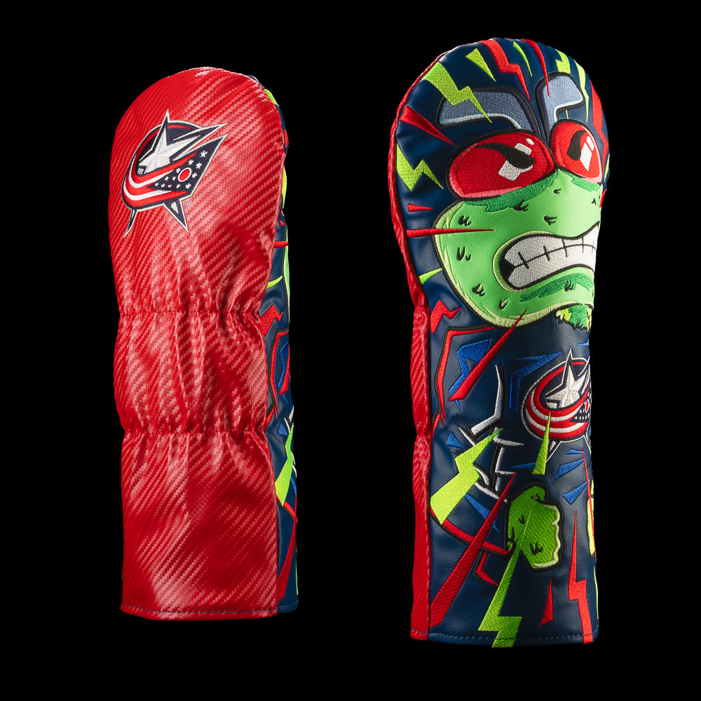 Red Columbus Blue Jackets driver cover featuring the Columbus Blue Jackets logo and green hockey character wearing red goggles.