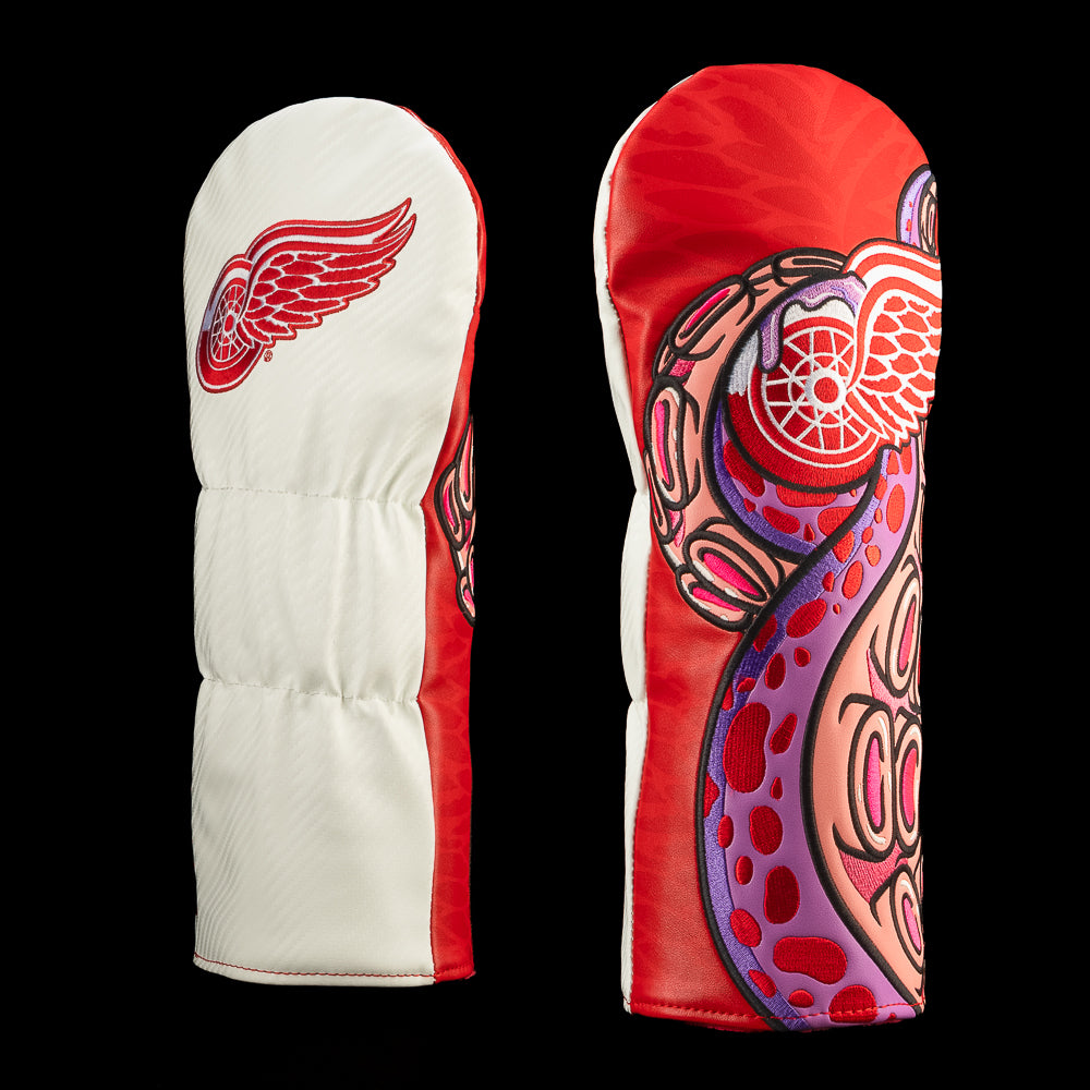 White and red Detroit Red Wings driver cover featuring the Detroit Red Wings logo, pink and purple octopus tentacle artwork.