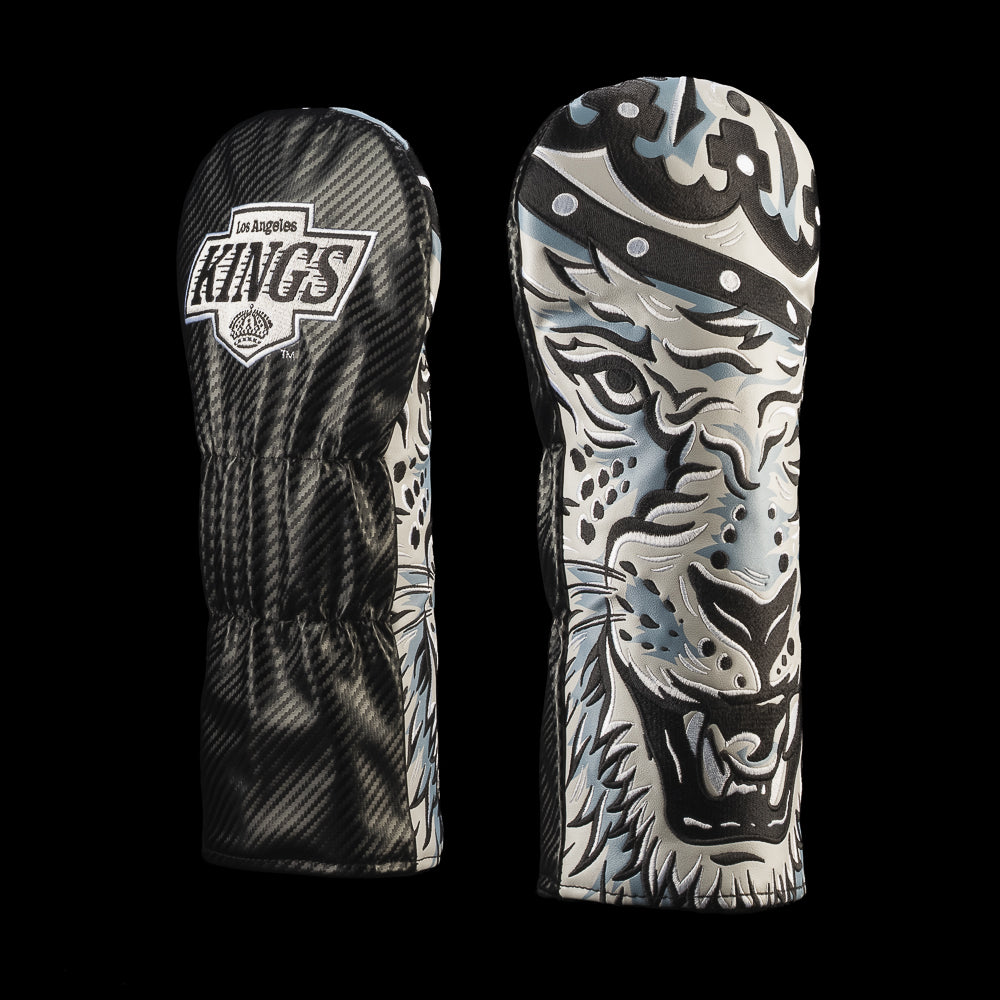 Black Los Angeles Kings driver cover featuring the Los Angeles Kings logo and crowned lion artwork in black, white and gray.