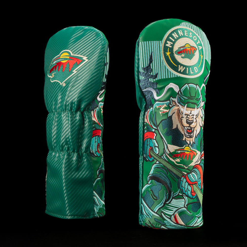 Green Minnesota Wild driver cover featuring the Minnesota Wild logo and blonde-haired hockey mascot surrounded by swirling lines.