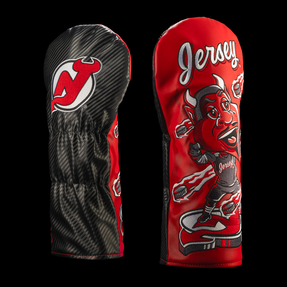 Black and red New Jersey Devils driver cover featuring the New Jersey Devils logo and devil hockey player beneath Jersey script.