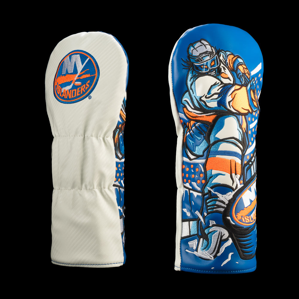 White New York Islanders driver cover featuring the New York Islanders logo and blue-and-orange rushing hockey player artwork.