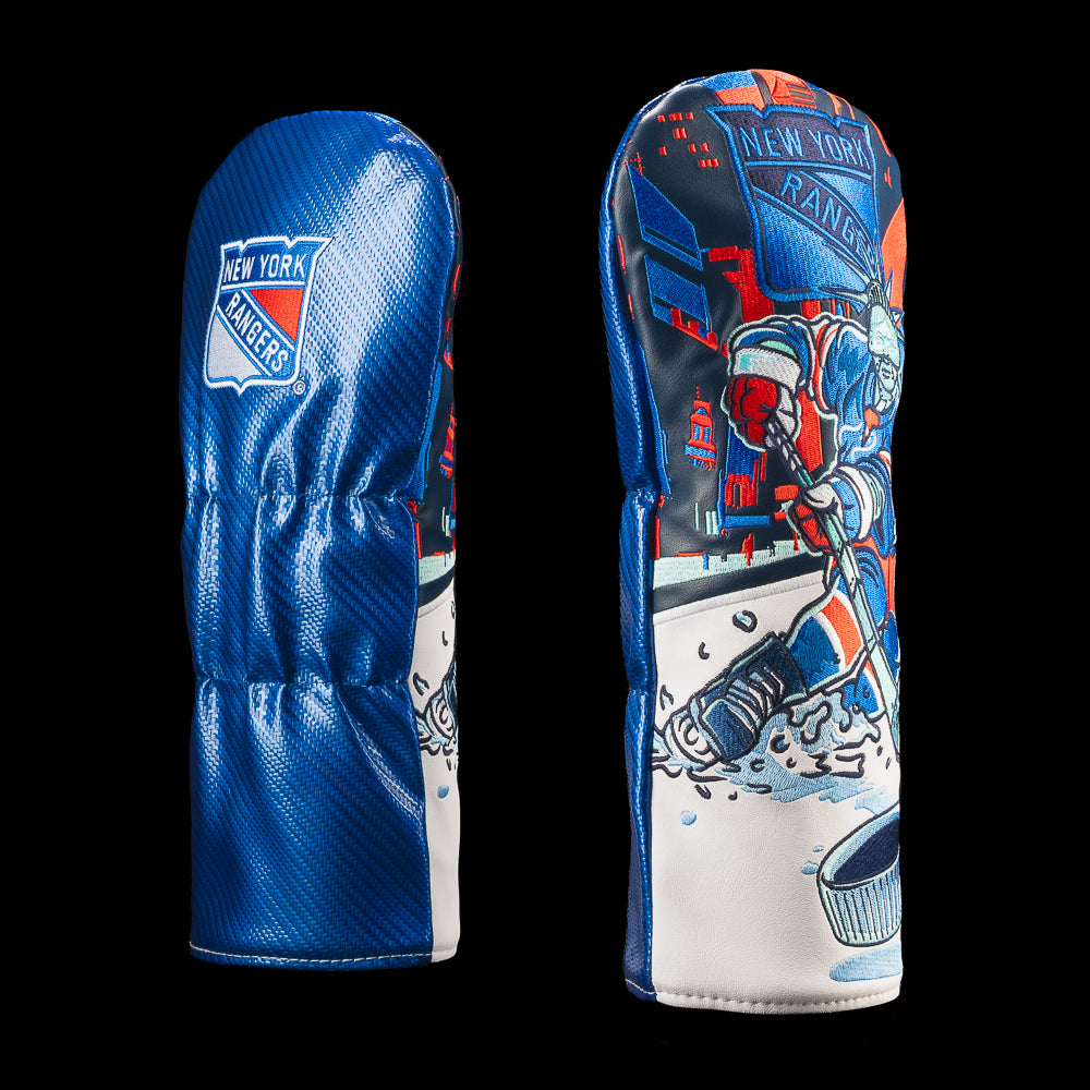 Blue New York Rangers driver cover featuring the New York Rangers logo and red-and-blue hockey player skating toward a puck.
