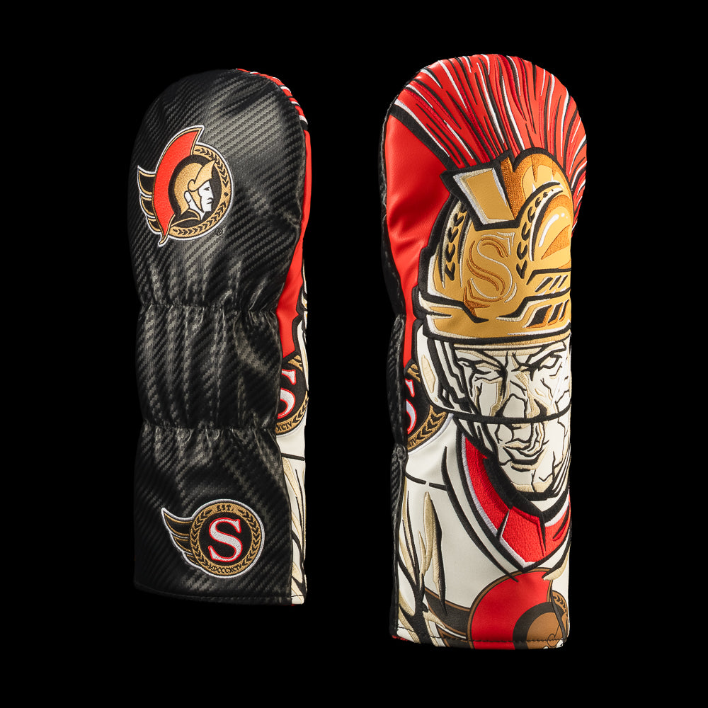 Front and back views of the SWAG Golf NHL Ottawa Senators Driver Cover with team logos and black, red and gold warrior hockey player artwork.