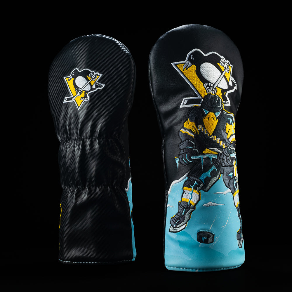 Black Pittsburgh Penguins driver cover featuring the Pittsburgh Penguins logo and penguin hockey player skating with a puck.