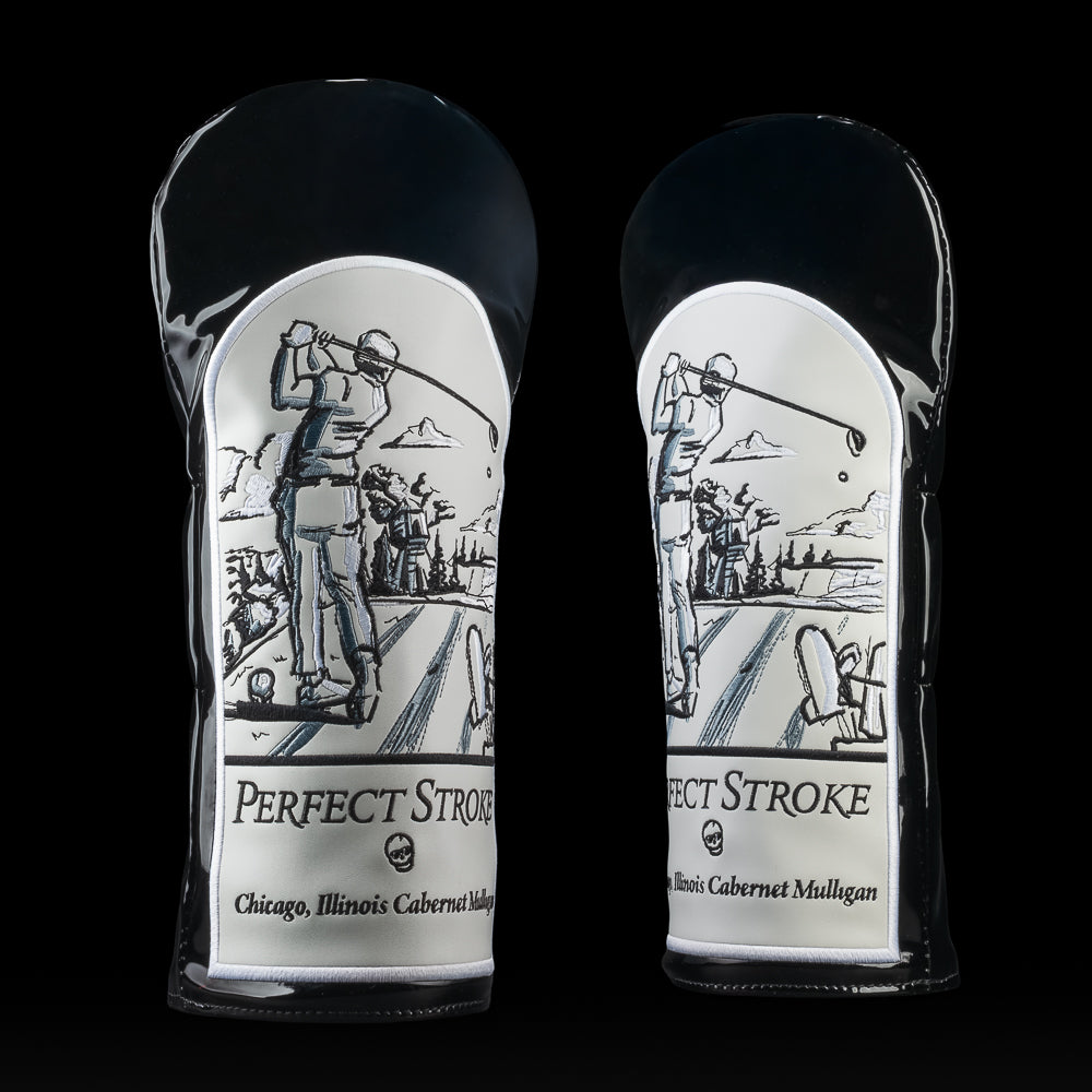 Perfect Stroke Cabernet Driver Cover with vintage black and white wine label golf design from SWAG Golf.