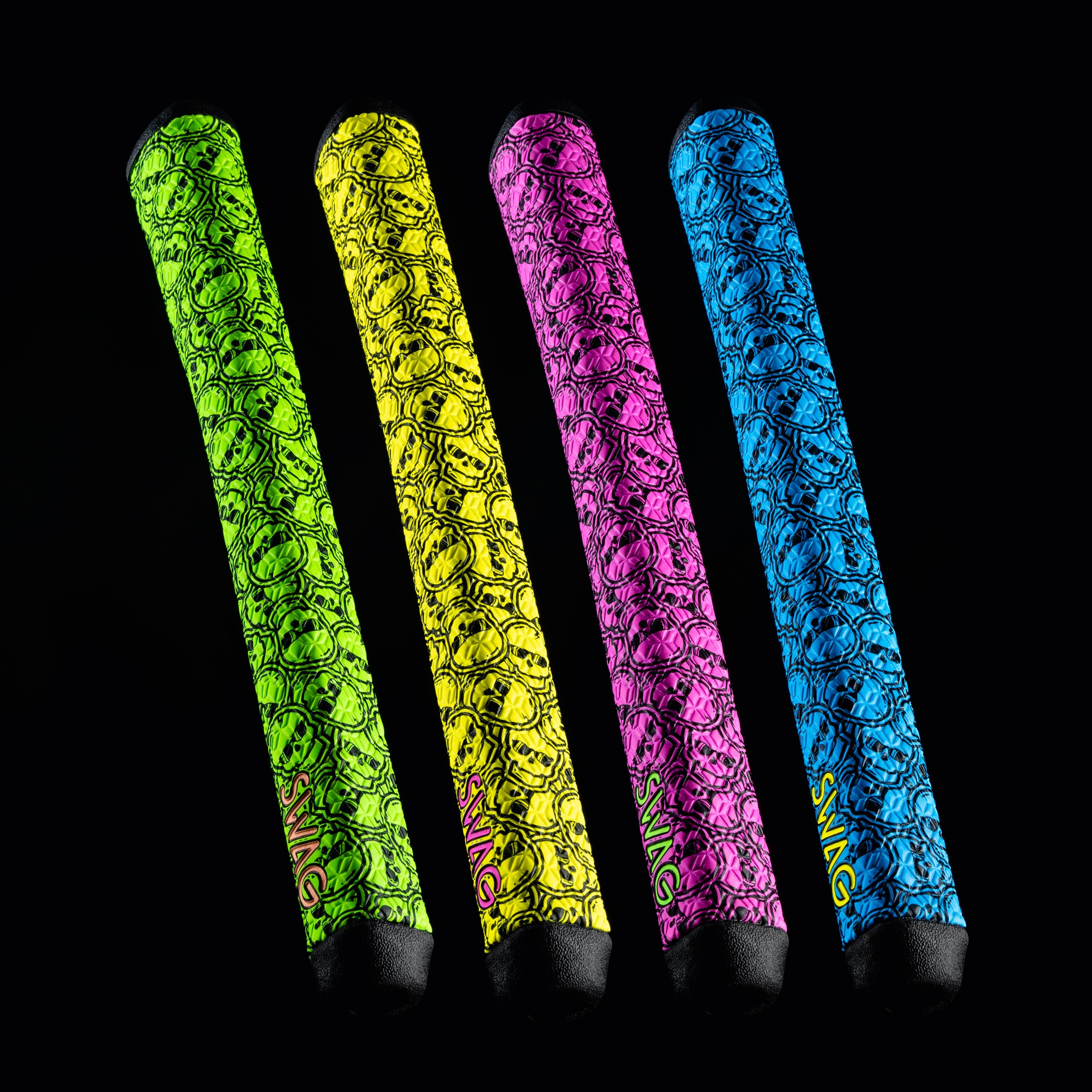 Stacked Swag skulls Lamkin Sinkfit Pistol polyurethane blue, pink, green and yellow grip options.