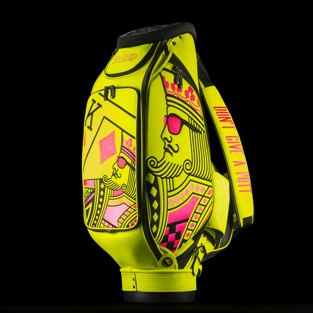 SWAG x Vessel Neon Yellow King golf tour staff bag.