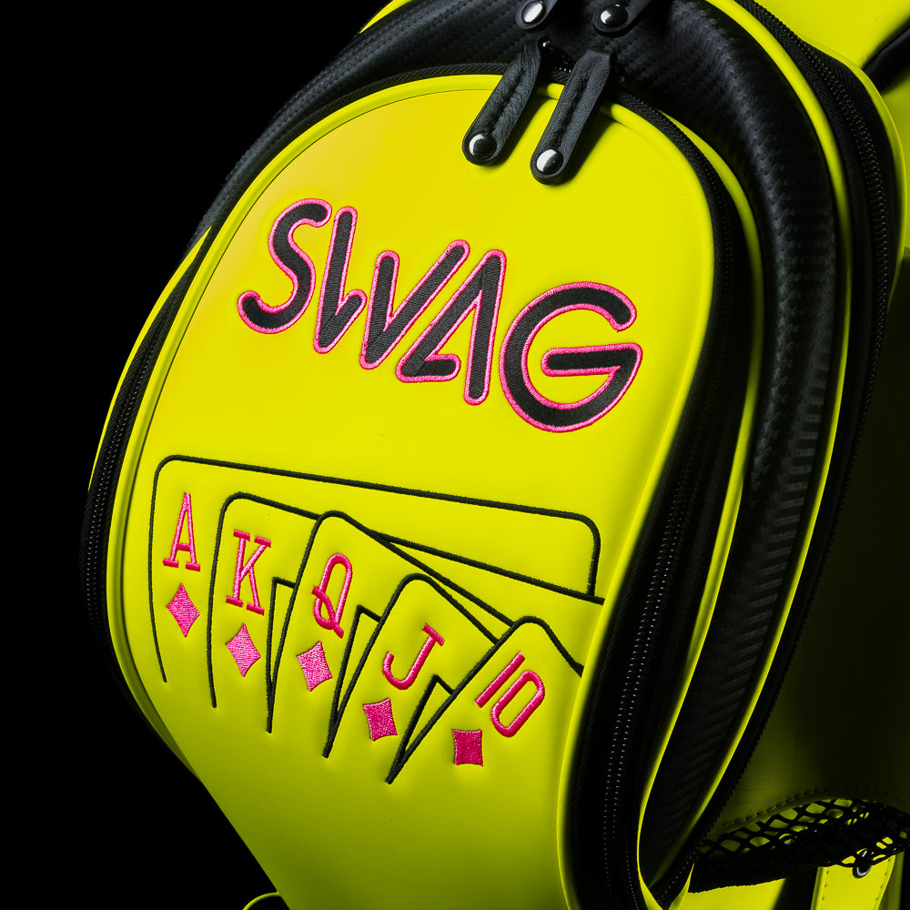 SWAG x Vessel Neon Yellow King golf tour staff bag.