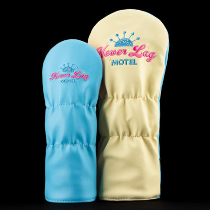 Never Lag Motel Palm Springs blue, yellow, and pink, 2-Piece Wood Cover set of driver and fairway golf headcovers made in the USA.